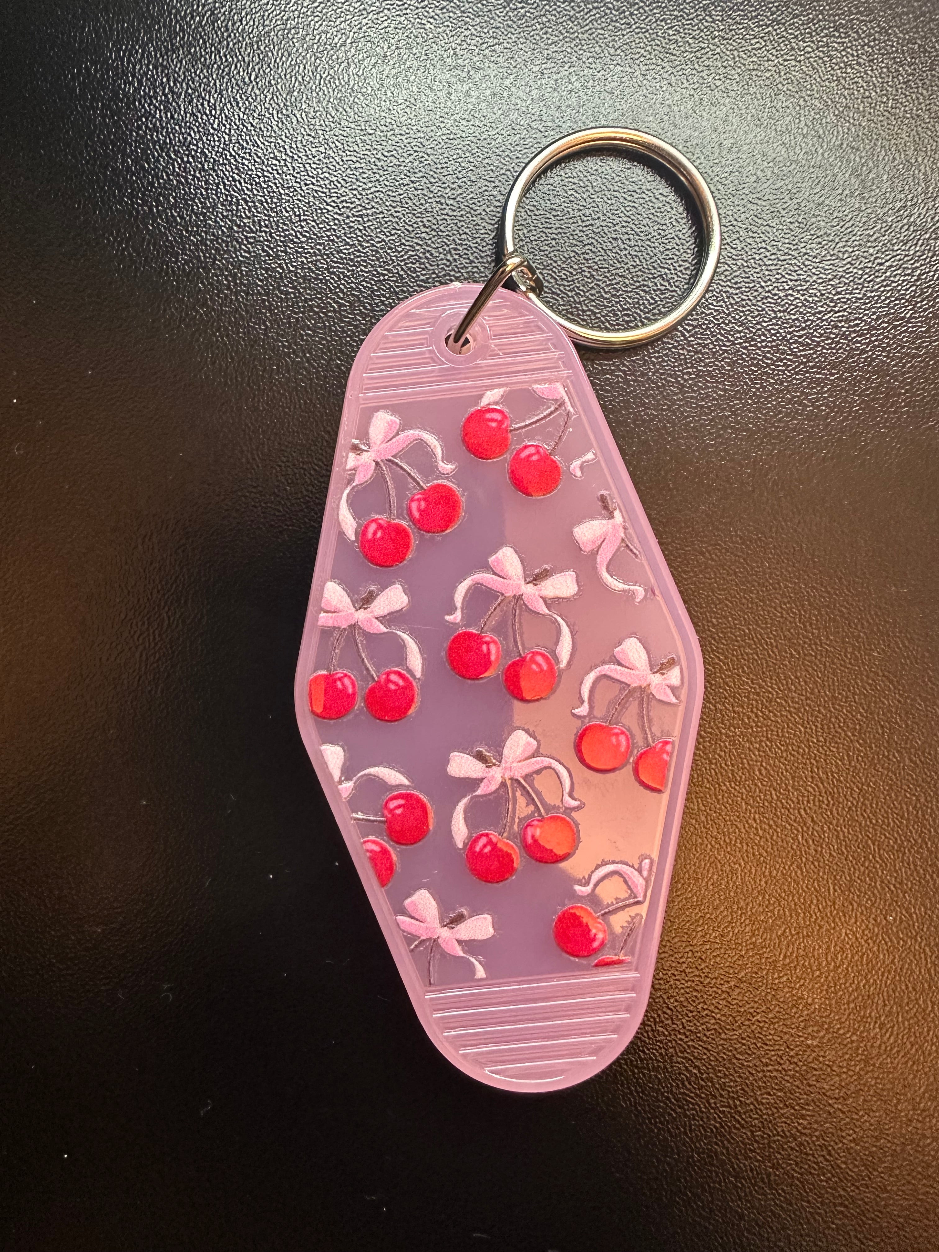 Pink KeyChain With Cherry Bow Print